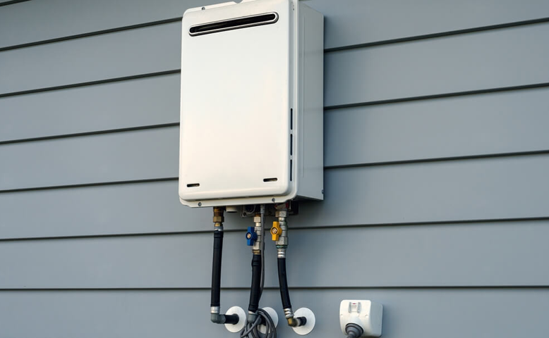 tankless water heater on the side of a house