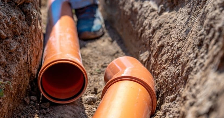 trenchless pipes in dirt ditch.